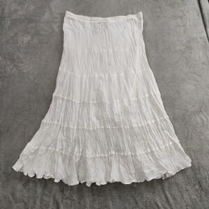 White Cotton Maxi Skirt XL Tiered Ribbon Trim Embroidered Sand and Sun Beachy